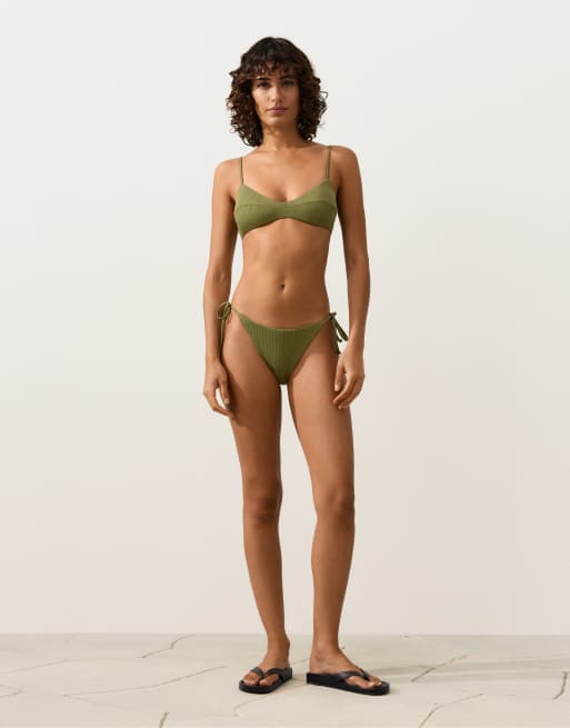 OYSHO - Bas de bikini côtelé à couvrance moyenne avec liens à nouer - Kaki clair, 2 de 4