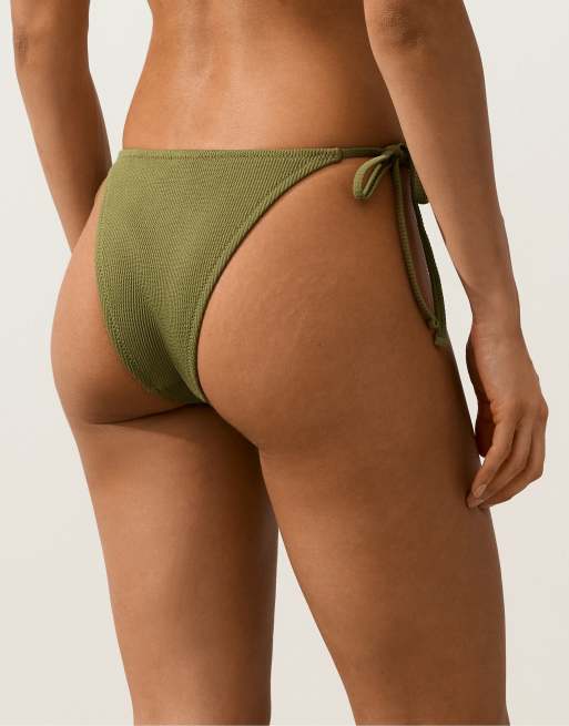 OYSHO - Bas de bikini côtelé à couvrance moyenne avec liens à nouer - Kaki clair, 3 de 4