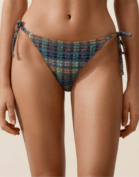 OYSHO - Bas de bikini couvrance moyenne à carreaux et liens à nouer - Kaki - view 1