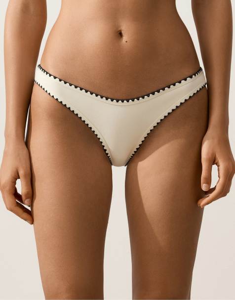 Oysho - Bas de bikini couvrance moyenne en U à coutures contrastantes - Écru pâle - view 1