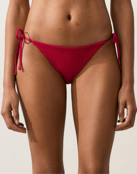 OYSHO - Bas de bikini gaufré à couvrance moyenne avec liens à nouer sur les côtés - Rouge vif - view 1