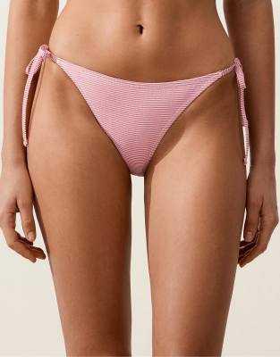 Bas de bikini noué à imprimé rayé effet couvrant moyen - Rouge M