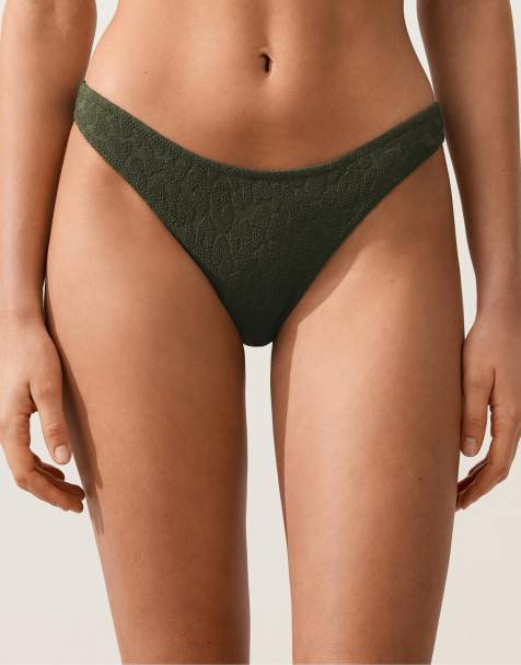 OYSHO - Bas de bikini texturé coupe brésilienne en U avec imprimé léopard - Kaki foncé - view 1