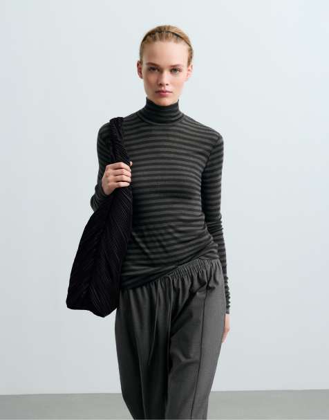 OYSHO Base layer high-neck striped rib t-shirt in grey
