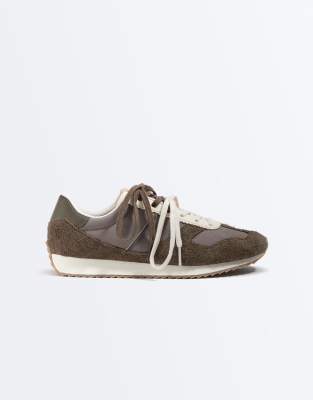 OYSHO - Baskets style running en cuir fendu combiné - Marron-Brown