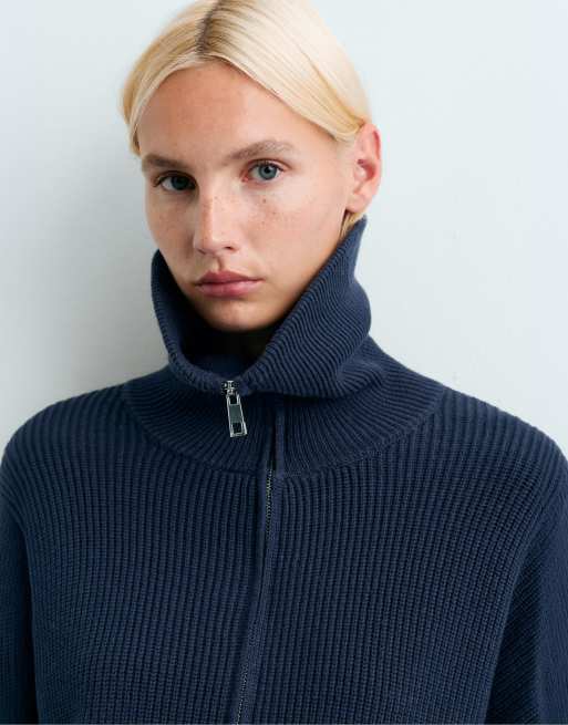 OYSHO Baumwoll-Strickpullover mit Half-Zip in Marineblau, 3 von 5