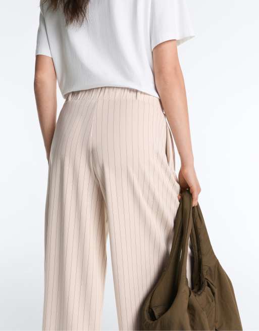OYSHO – Beige, ankellånga byxor med vida ben, veck och ränder, 4 av 4