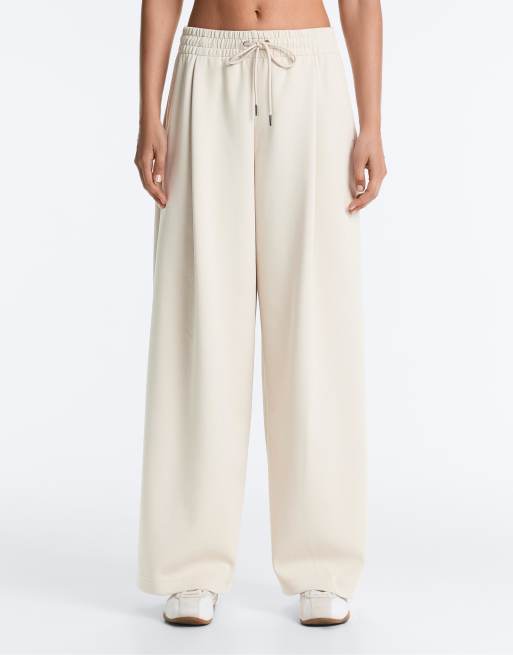 OYSHO - Beige plisserede bukser i piqué med vide ben, 2 af 4