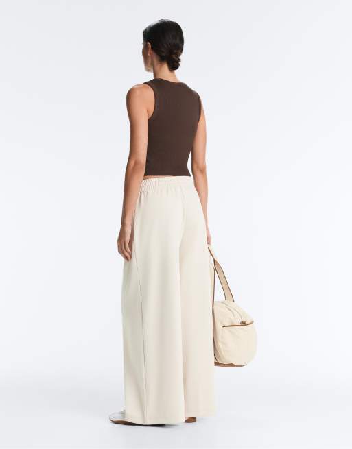 OYSHO - Beige plisserede bukser i piqué med vide ben, 3 af 4
