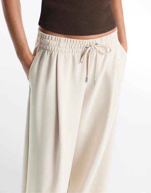 OYSHO - Beige plisserede bukser i piqué med vide ben, 4 af 4