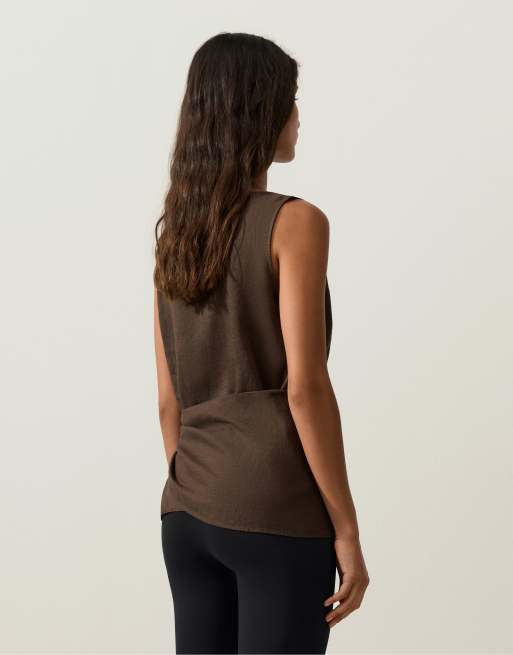 OYSHO - Beige ærmeløs top i 100% hør med tørklædedetalje, 4 af 4