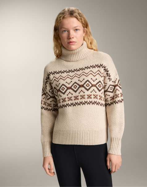 OYSHO – Beige, stickad, jacquardmönstrad tröja i 10% ylle med hög krage - view 1