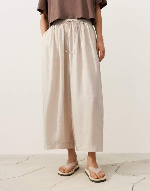 OYSHO – Beigemelerade ballong-byxor i 100% linnetyg, 3 av 4
