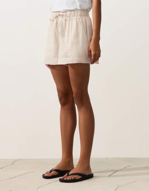 OYSHO – Beigemelerade shorts i 100% linnetyg med medelhög midja - view 1