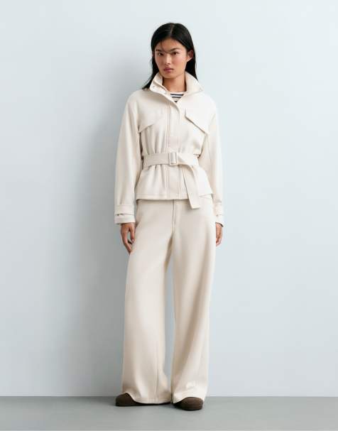 OYSHO Belted jacket with pockets in pale ecru - view 1