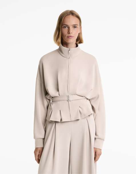 OYSHO Belted jacket with soft-touch modal in taupe - view 1