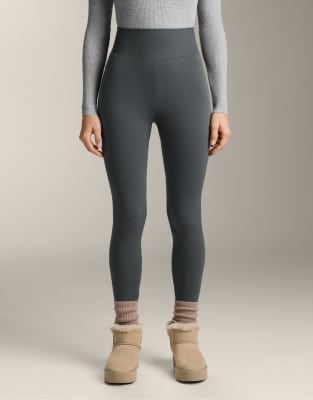 OYSHO - Besonders warme, nahtlose und knöchellange Leggings in Anthrazit mit Rippenstruktur und superhohem Bund, 70 cm-G...