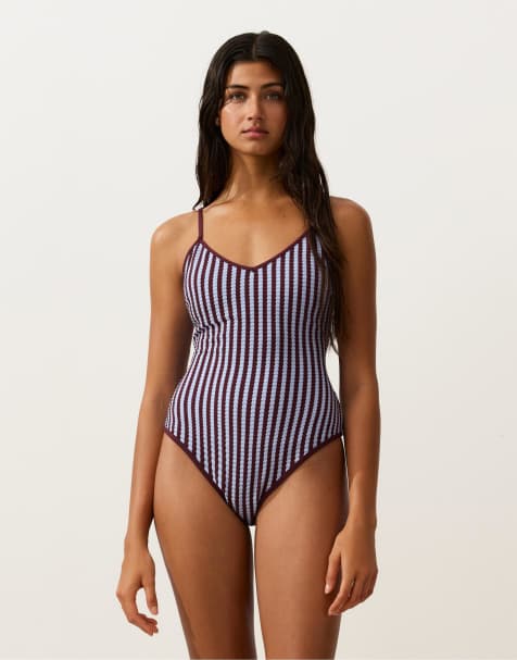 OYSHO Bicolour textured stripe swimsuit in purple - view 1