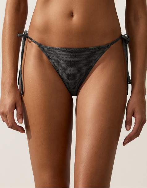 OYSHO – Bikinihose aus Jacquard in verwaschenem Anthrazit mit mittlerer Bedeckung und Bindebändern - view 1