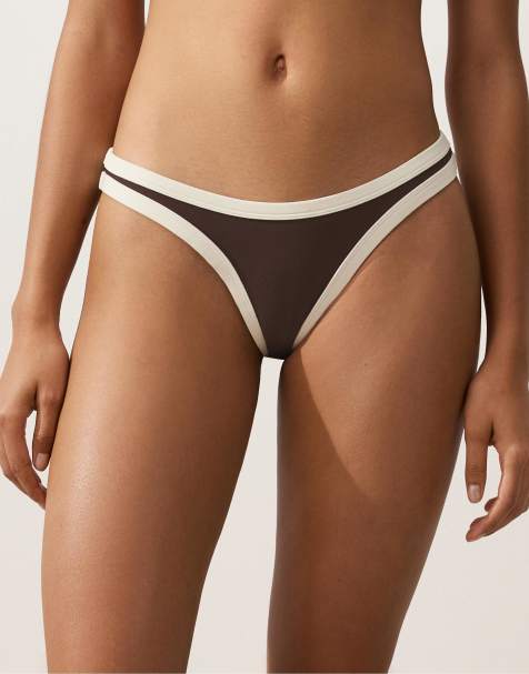 OYSHO – Bikinihose in Braun mit mittlerer Abdeckung, U-Schnitt und Kontrastbesatz - view 1