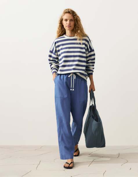 OYSHO - Blå bukser i lyocell-blanding med 24% hør og lige ben - view 1