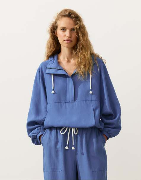 OYSHO - Blå sweatshirt i lyocell- og hørblanding med kort lynlås og forlomme - view 1