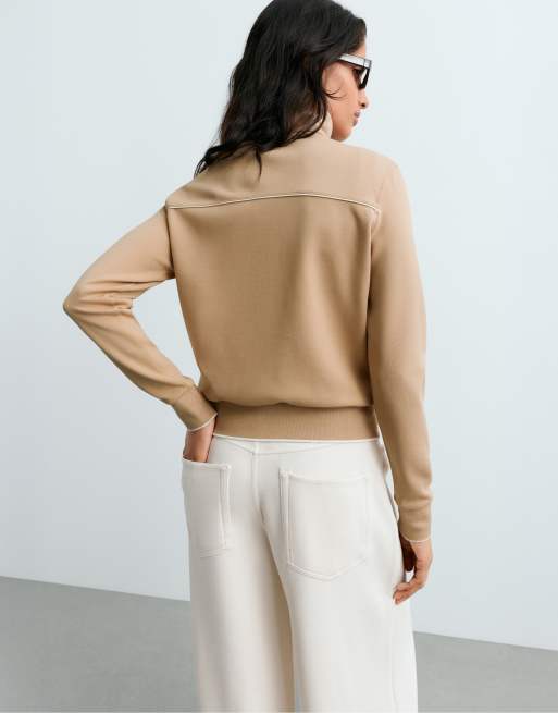 OYSHO bomullsjacka i piké med passpoal i beige, 3 av 7
