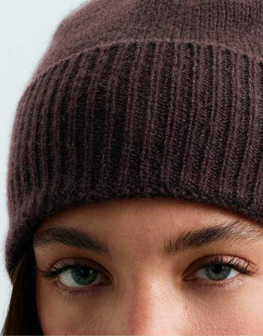 OYSHO Bonnet en maille 100 % cachemire marron, 2 de 4