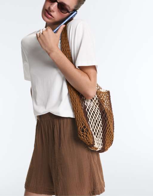 OYSHO - Borsa a rete marrone a righe, 2 di 4