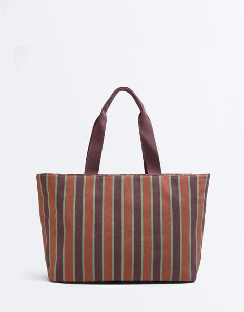OYSHO - Borsa shopping in tela grigia a righe - view 1