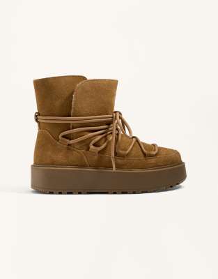 OYSHO - Bottines à plateforme en cuir refendu avec rabat - Marron grillé-Brown