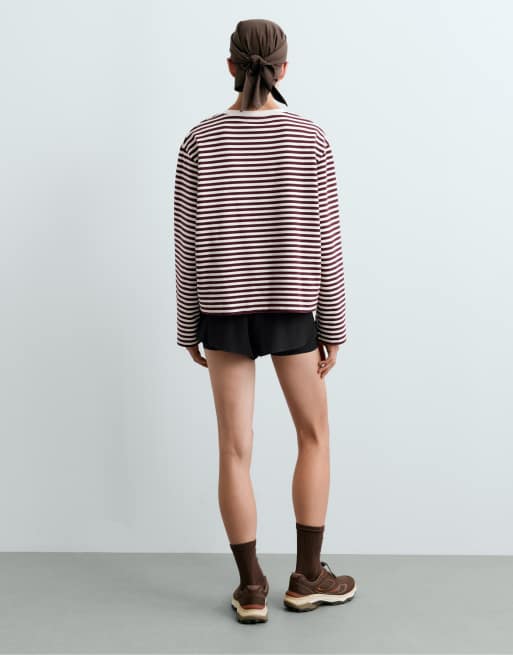 OYSHO boxig randig långärmad t-shirt i lila, 3 av 4