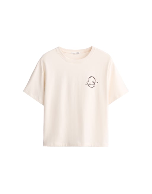 OYSHO boxig t-shirt i bomullsmix med korta ärmar och tryck i ivory ecru, 5 av 5