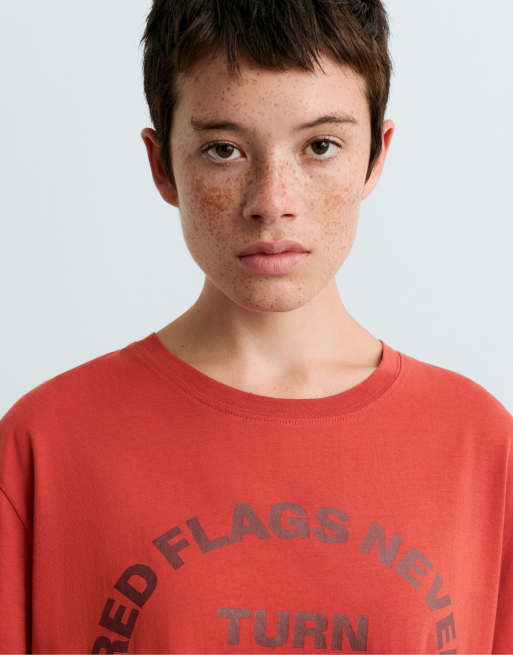 OYSHO Boxy cotton blend slogan t-shirt in red, 4 of 6