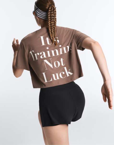 OYSHO Boxy cropped cotton blend slogan t-shirt in brown
