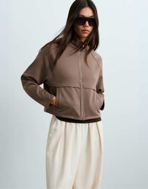 OYSHO Boxy houndstooth neoprene-effect jacket in brown - view 1