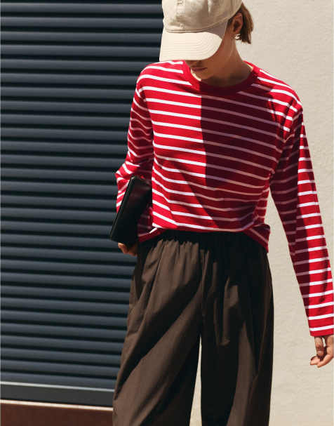 OYSHO Boxy long-sleeved striped cotton-blend t-shirt in red - view 1
