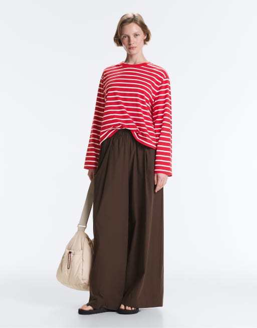 OYSHO Boxy long-sleeved striped cotton-blend t-shirt in red, 3 of 4