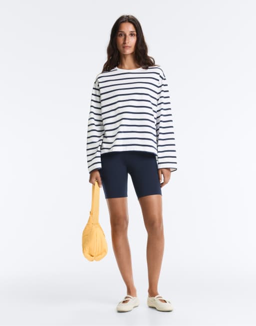OYSHO Boxy oversize striped cotton blend long sleeve t-shirt in navy, 2 of 4
