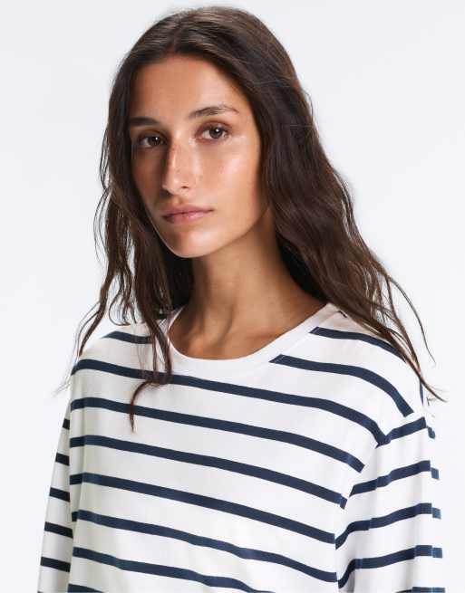OYSHO Boxy oversize striped cotton blend long sleeve t-shirt in navy, 3 of 4