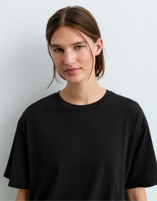 OYSHO Boxy short sleeve cotton blend t-shirt in black, 3 of 5