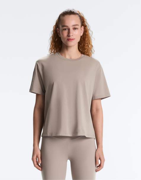 OYSHO Boxy short sleeve cotton blend t-shirt in pale taupe - view 1