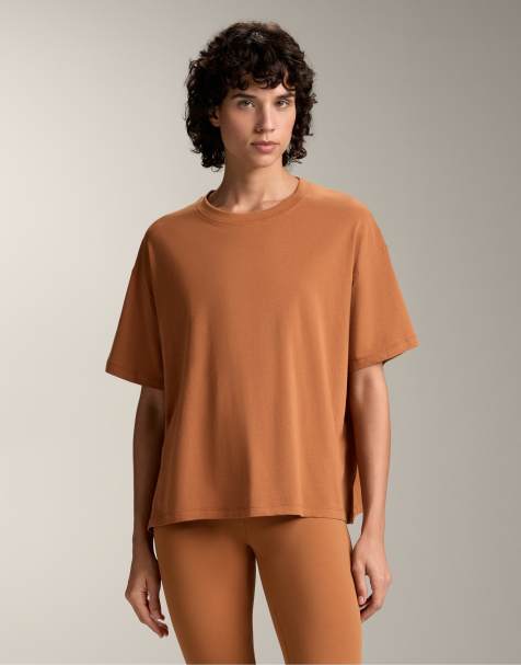 OYSHO Boxy short-sleeved cotton blend t-shirt in burnt orange