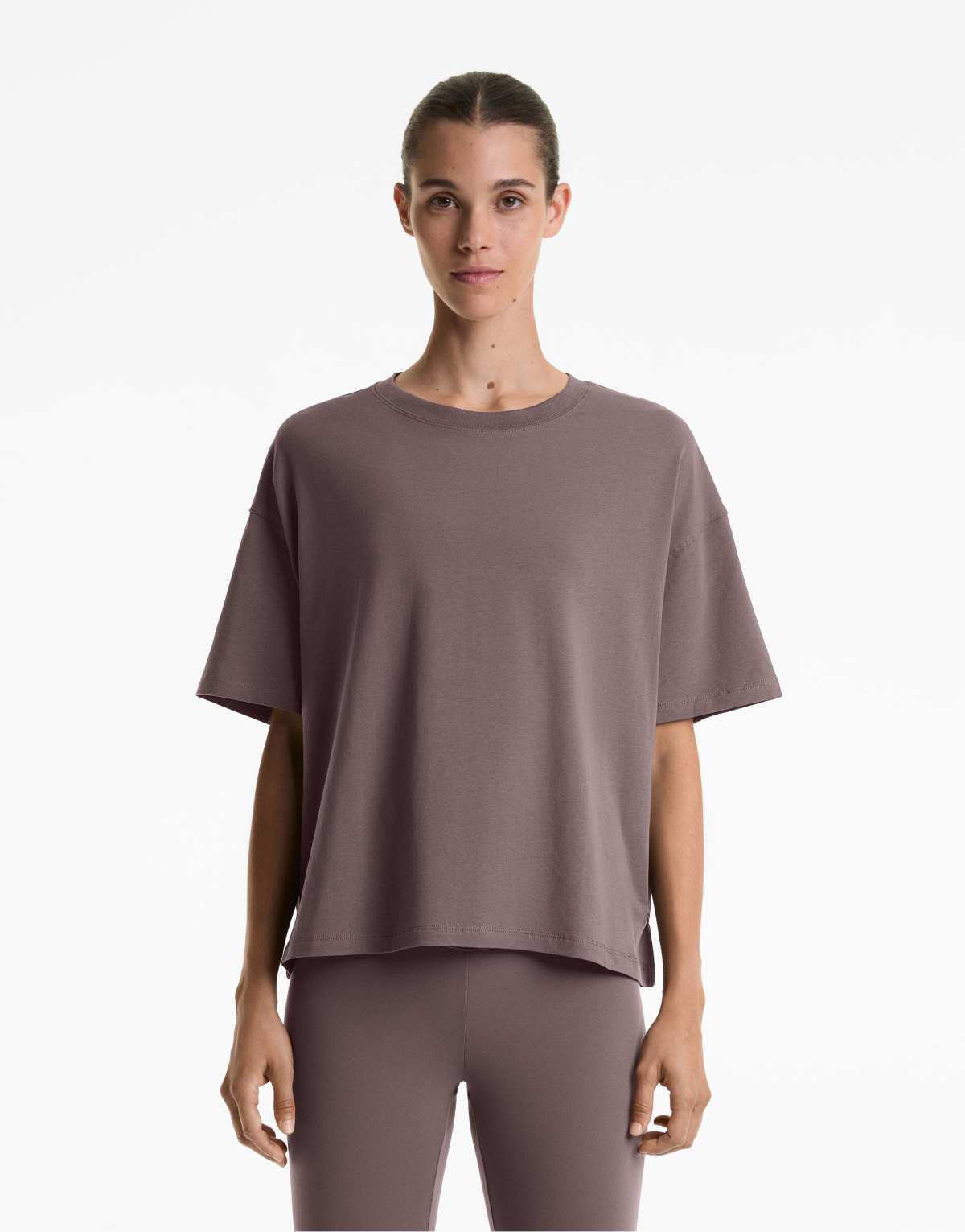 OYSHO Boxy short-sleeved cotton blend t-shirt in grey-purple