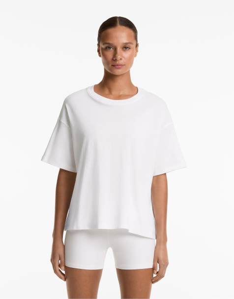 Oysho Boxy short-sleeved cotton blend t-shirt in off-white - view 1