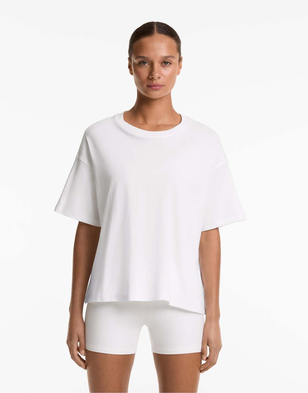 Oysho Boxy short-sleeved cotton blend t-shirt in off-white