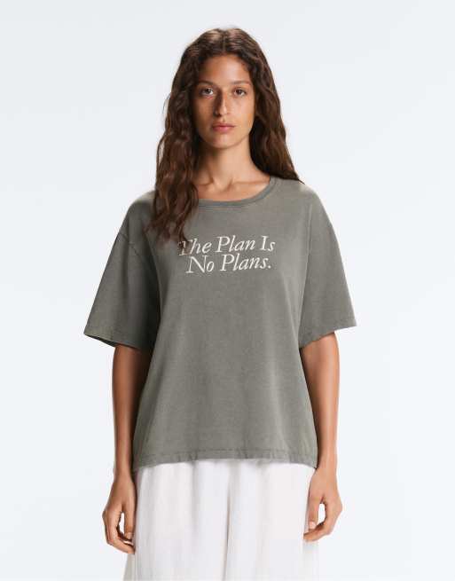 OYSHO Boxy short-sleeved cotton blend t-shirt with slogan in grey, 2 of 6