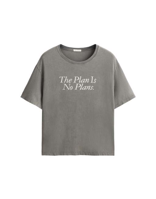 OYSHO Boxy short-sleeved cotton blend t-shirt with slogan in grey, 6 of 6