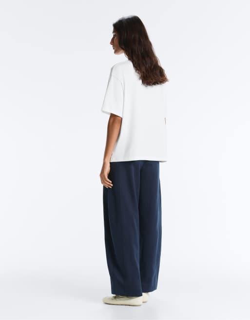 OYSHO Boxy short-sleeved cotton blend t-shirt with slogan in off-white, 2 of 4