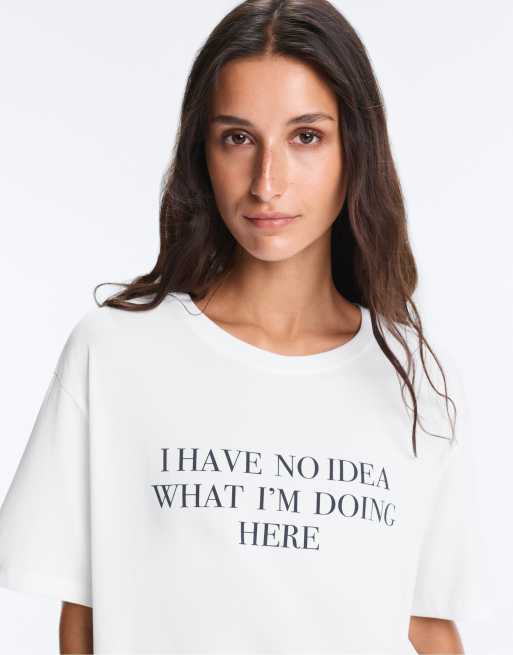 OYSHO Boxy short-sleeved cotton blend t-shirt with slogan in off-white, 3 of 4